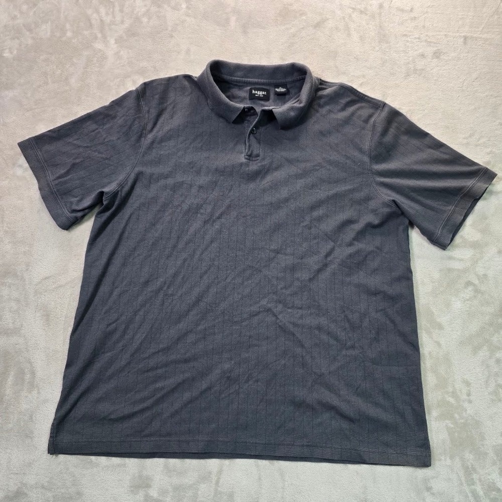 Haggar Mens XL Polo Shirt Charcoal Gray Short Sleeve Textured Vertical Stripe